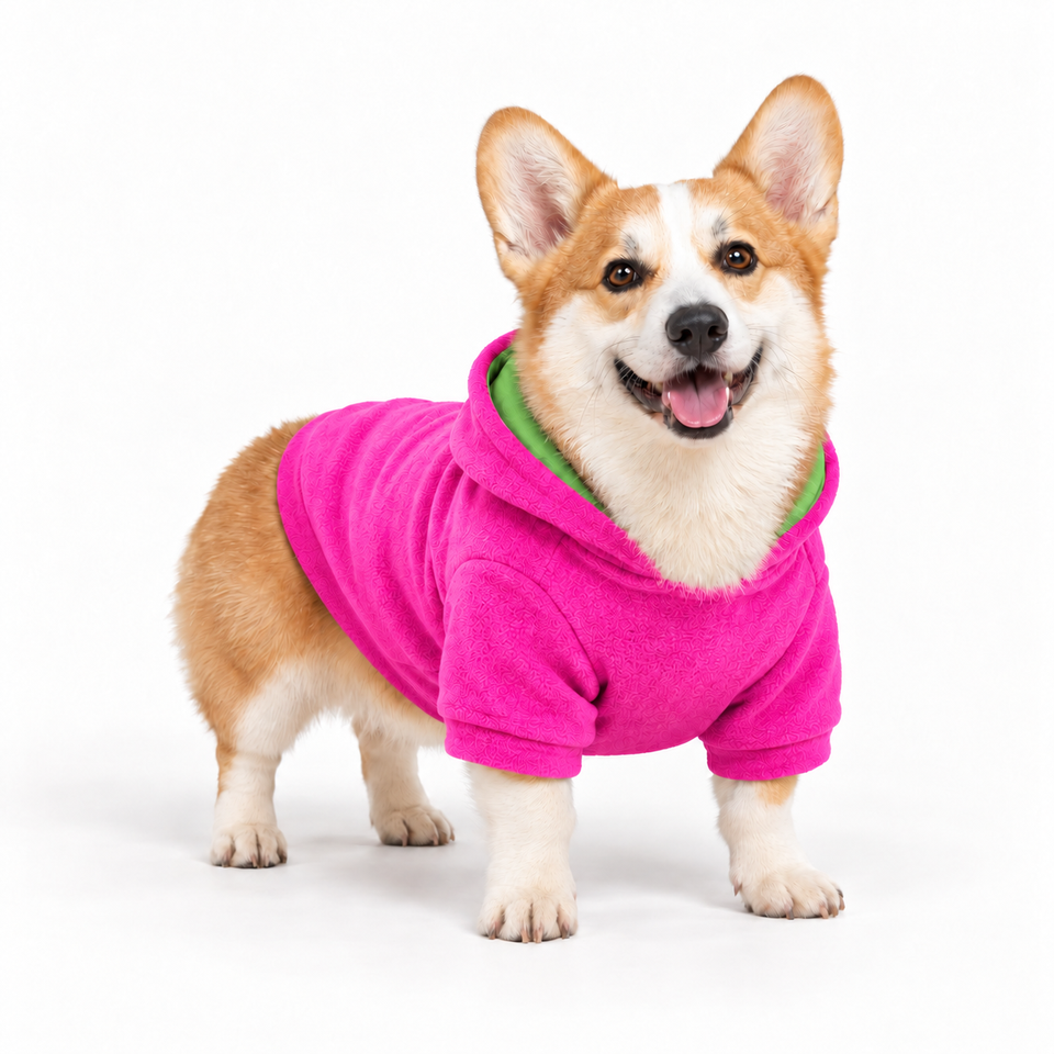 Corgi wearing a pink dog fleece hoodie, three-quarter front view, standing