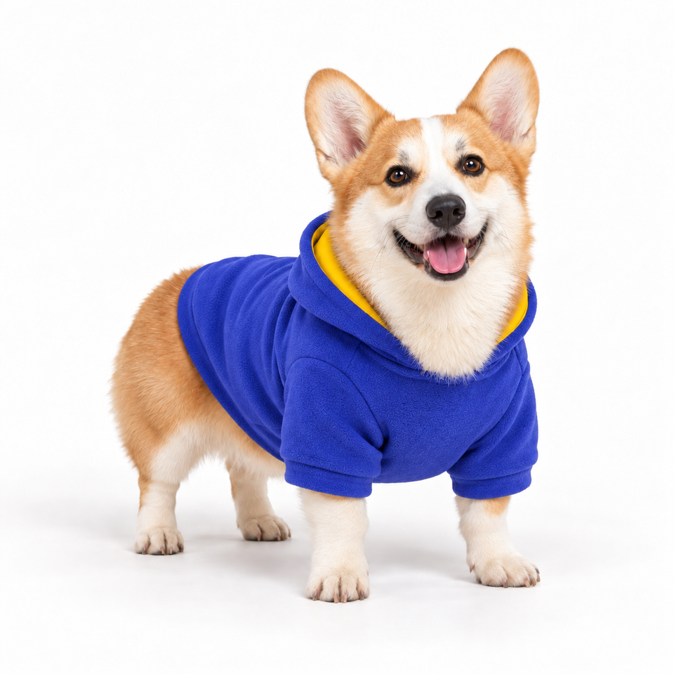 Corgi wearing a royal dog fleece hoodie, three-quarter front view, standing