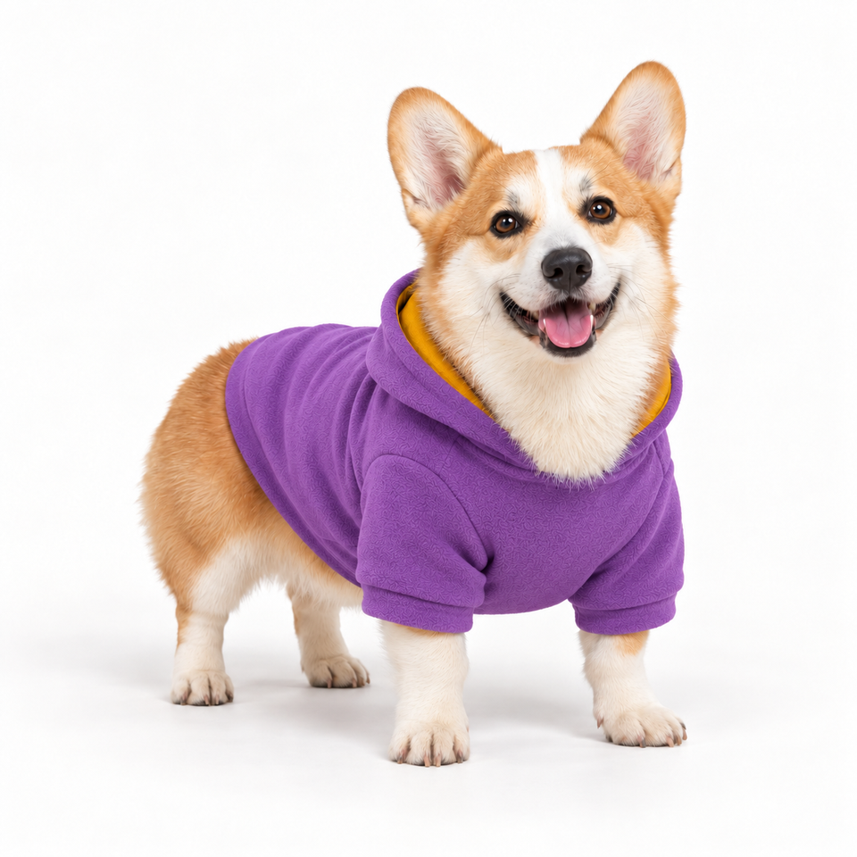 Corgi wearing a violet dog fleece hoodie, three-quarter front view, standing