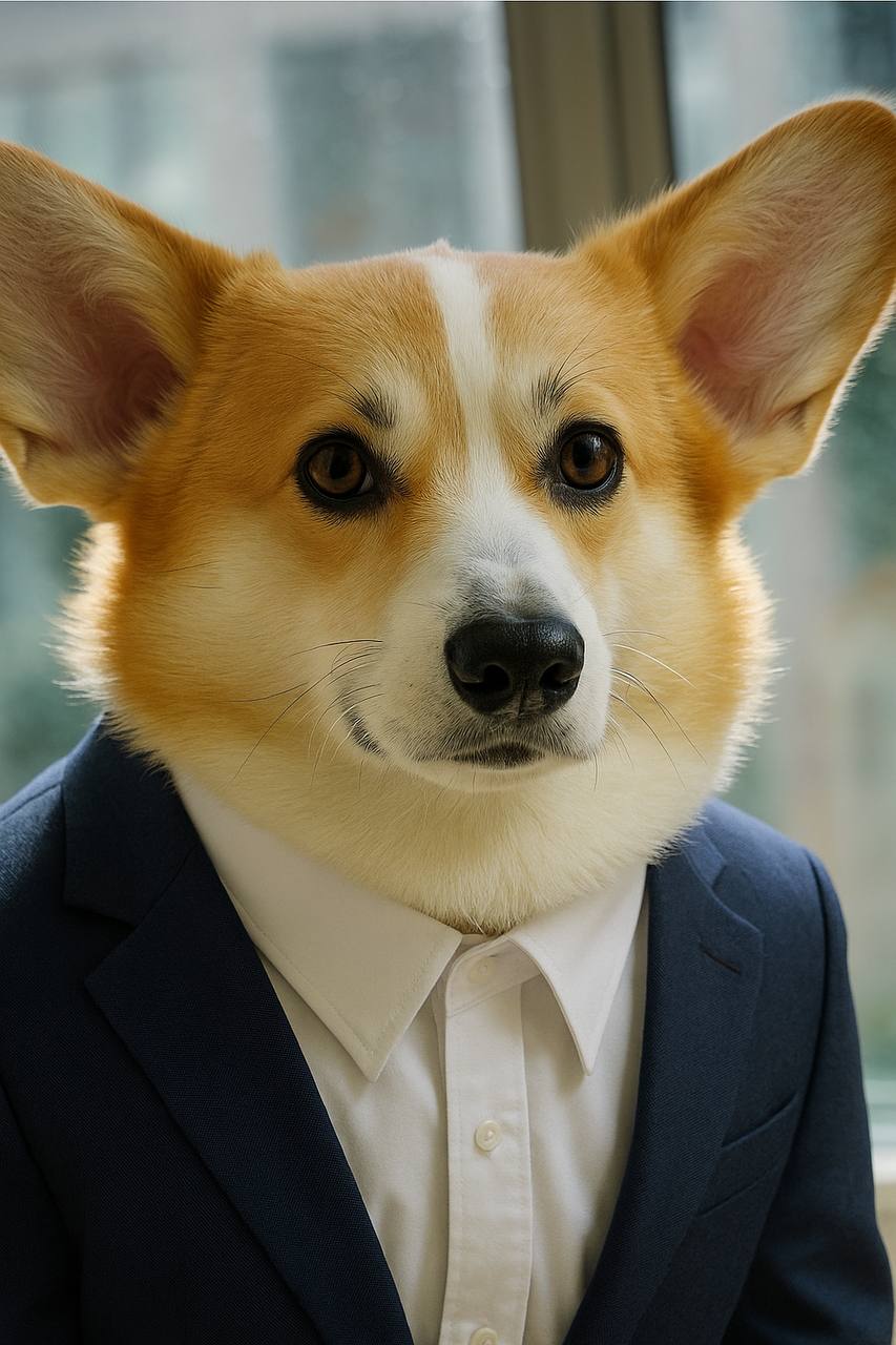 Cooper, a Pembroke Welsh Corgi in a navy suit and white shirt, looking straight at the camera
