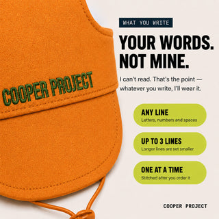 Amber Dog Cap: three lines of your own words, stitched