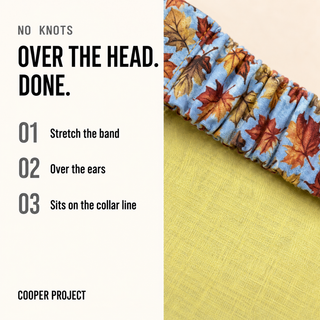 How the Autumn Leaves Dog Bandana — Yellow Reverse goes on: over the head, no knots
