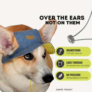 How the Blue Dog Bucket Hat — Yellow Lining sits: over the ears, not on them