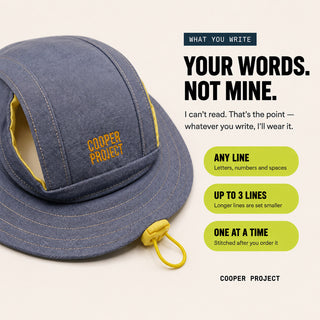 Blue Dog Bucket Hat — Yellow Lining: three lines of your own words, stitched