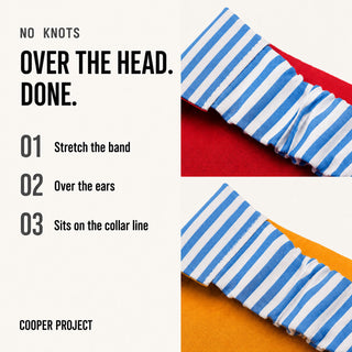 How the Blue Stripe Dog Bandana — Red Reverse goes on: over the head, no knots