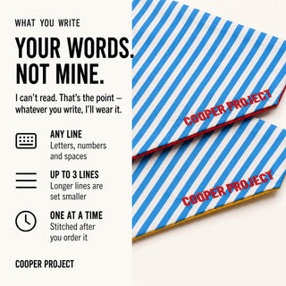 Blue Stripe Dog Bandana — Red Reverse: three lines of your own words, stitched