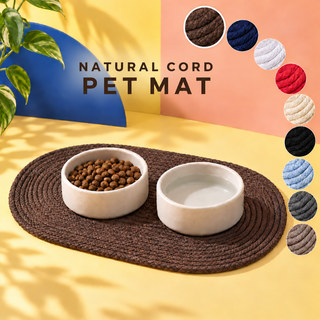 Brown waxed cord dog bowl mat, view 1