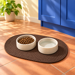 Brown waxed cord dog bowl mat, view 4