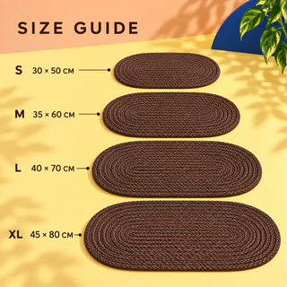 Size guide: four sizes, S to XL, measured flat across the oval