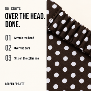 How the Brown Polka Dot Dog Bandana goes on: over the head, no knots