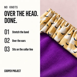 How the Cloudy Bats Dog Bandana goes on: over the head, no knots