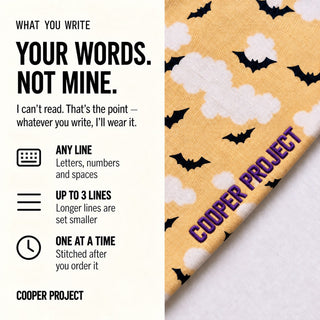 Cloudy Bats Dog Bandana: three lines of your own words, stitched