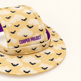 The Cloudy Bats Dog Bucket Hat from the front, brim and ear openings