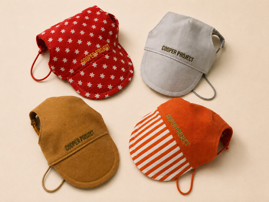 Four Cooper Project dog caps laid flat on sand: red with white stars, pale grey, tan, and orange with a striped peak, each with COOPER PROJECT embroidered above the peak