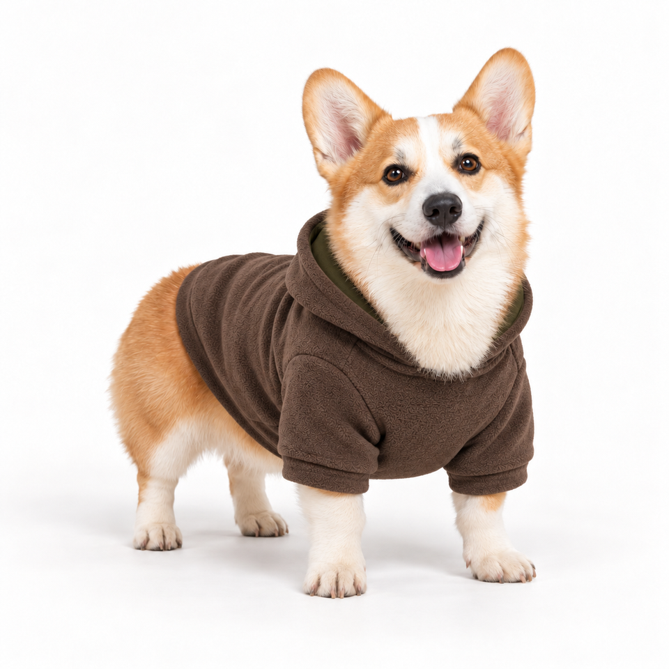 Corgi wearing a brown dog fleece hoodie, three-quarter front view, standing