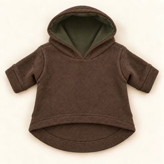 Brown dog fleece hoodie laid flat, front view, hood open showing the khaki lining