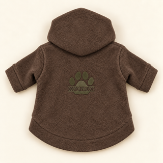 Brown dog fleece hoodie laid flat, back view, embroidered Cooper Project paw