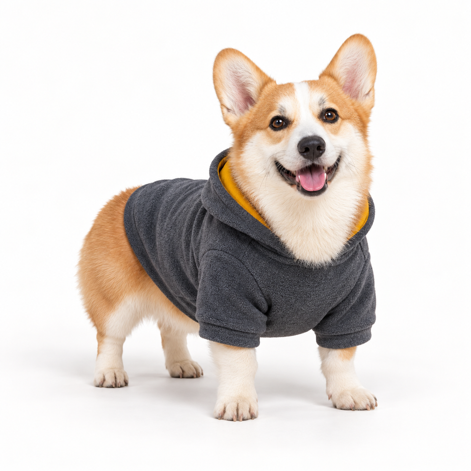 Corgi wearing a charcoal dog fleece hoodie, three-quarter front view, standing