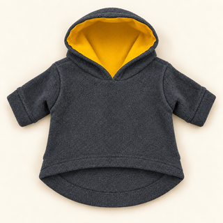 Charcoal dog fleece hoodie laid flat, front view, hood open showing the amber lining