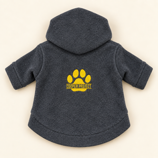 Charcoal dog fleece hoodie laid flat, back view, embroidered Cooper Project paw