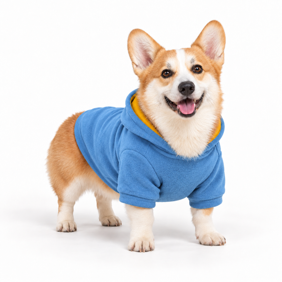 Corgi wearing a denim dog fleece hoodie, three-quarter front view, standing