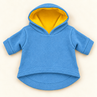 Denim dog fleece hoodie laid flat, front view, hood open showing the amber lining