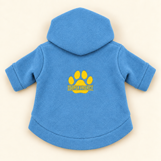 Denim dog fleece hoodie laid flat, back view, embroidered Cooper Project paw
