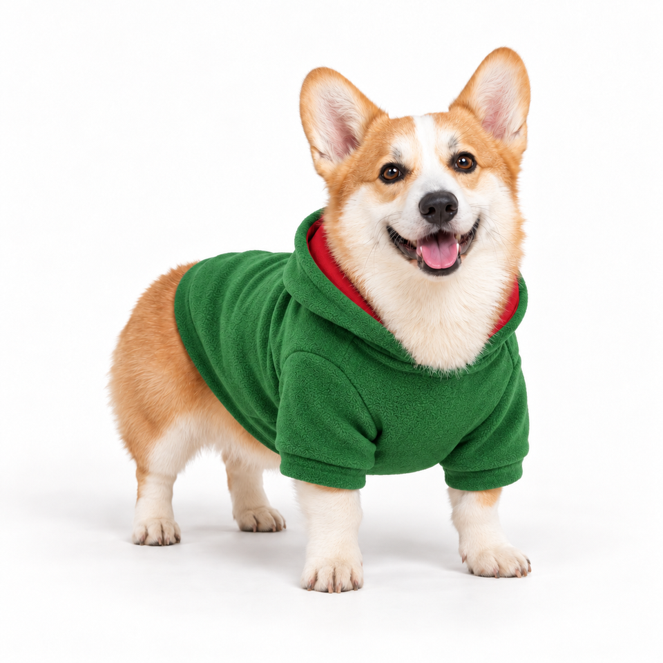 Corgi wearing a forest dog fleece hoodie, three-quarter front view, standing