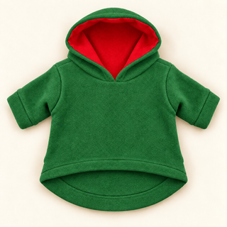 Forest dog fleece hoodie laid flat, front view, hood open showing the red lining