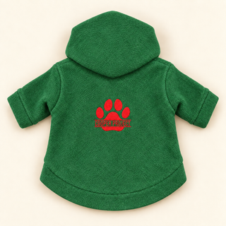 Forest dog fleece hoodie laid flat, back view, embroidered Cooper Project paw