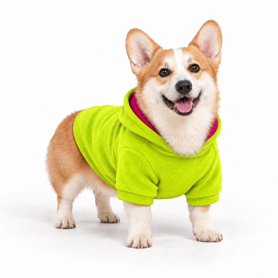 Corgi wearing a lime dog fleece hoodie, three-quarter front view, standing