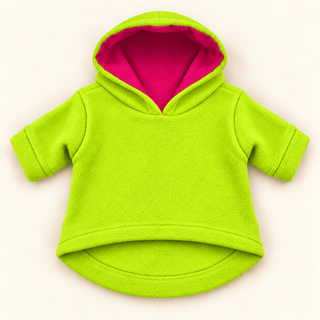 Lime dog fleece hoodie laid flat, front view, hood open showing the raspberry lining