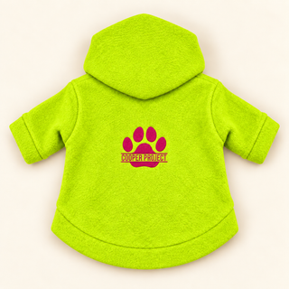 Lime dog fleece hoodie laid flat, back view, embroidered Cooper Project paw