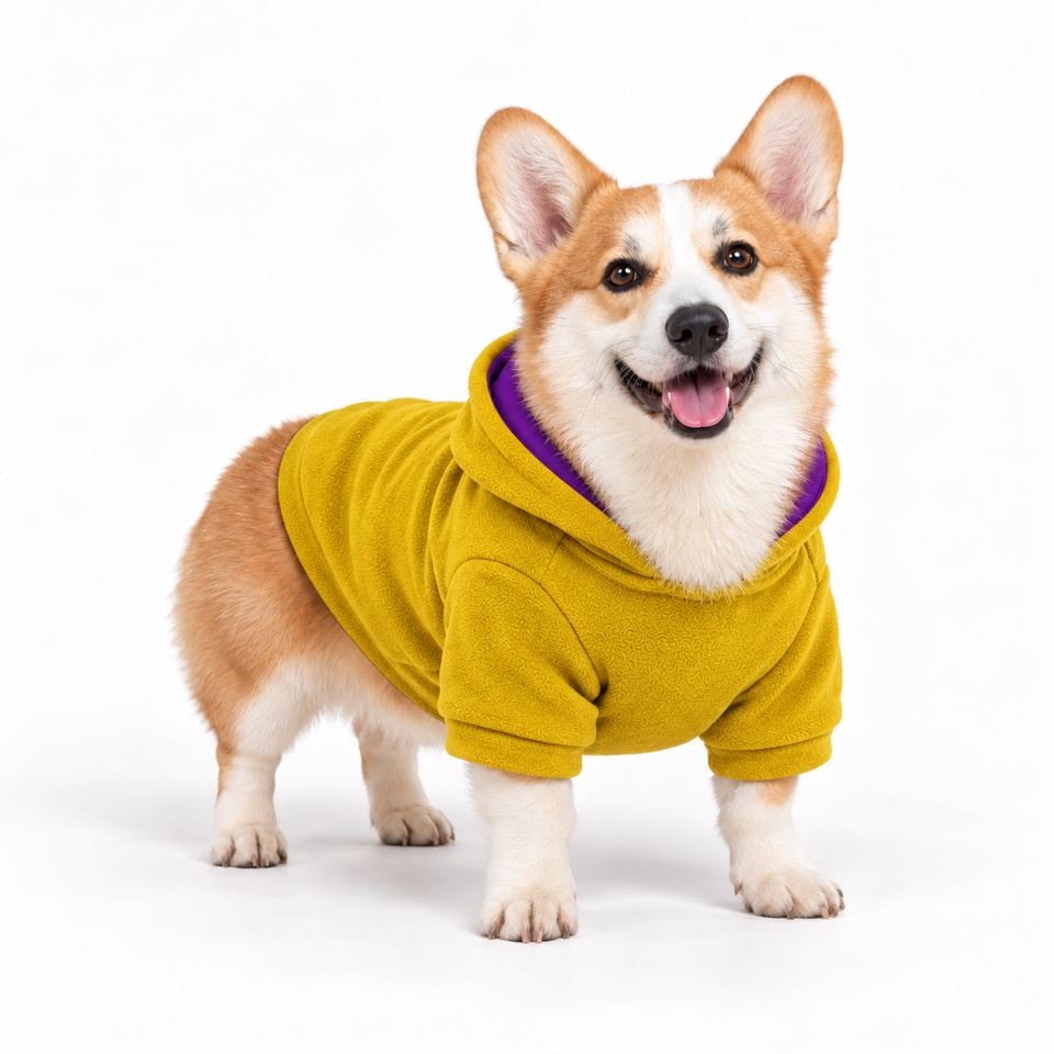 Corgi wearing a mustard dog fleece hoodie, three-quarter front view, standing