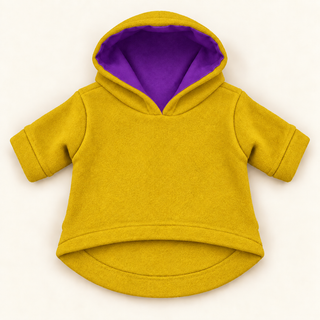Mustard dog fleece hoodie laid flat, front view, hood open showing the purple lining