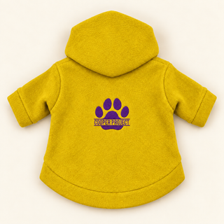 Mustard dog fleece hoodie laid flat, back view, embroidered Cooper Project paw