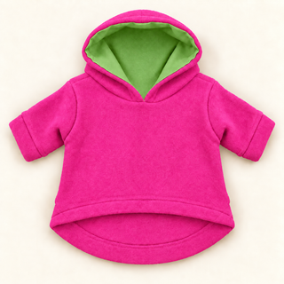 Pink dog fleece hoodie laid flat, front view, hood open showing the sage lining