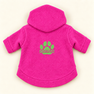 Pink dog fleece hoodie laid flat, back view, embroidered Cooper Project paw
