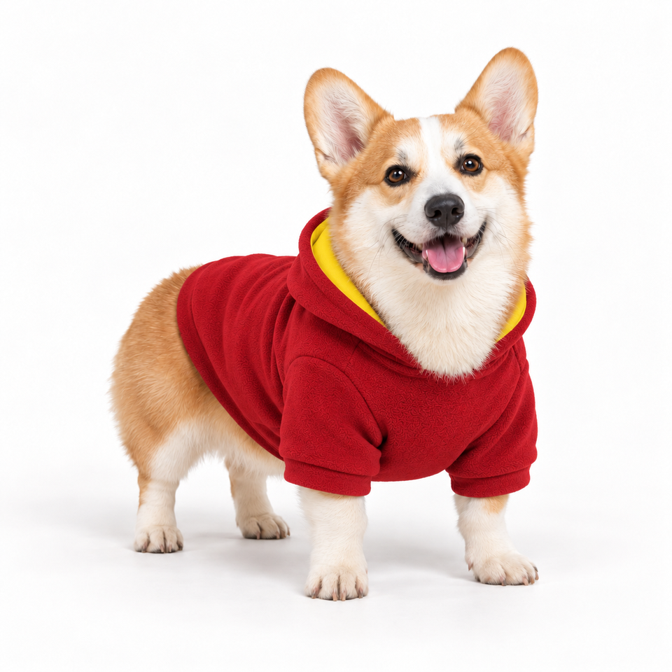 Corgi wearing a red dog fleece hoodie, three-quarter front view, standing