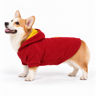 Corgi wearing a red dog fleece hoodie, side profile, standing