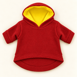 Red dog fleece hoodie laid flat, front view, hood open showing the yellow lining