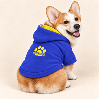 Corgi wearing a royal dog fleece hoodie, seated, rear three-quarter view, head turned