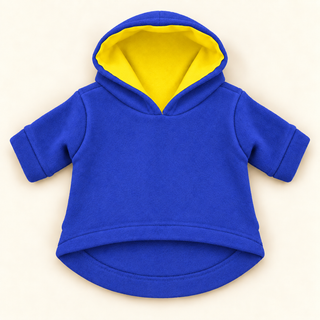 Royal dog fleece hoodie laid flat, front view, hood open showing the yellow lining
