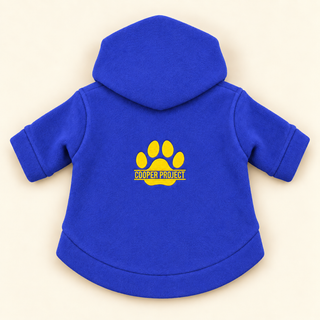 Royal dog fleece hoodie laid flat, back view, embroidered Cooper Project paw