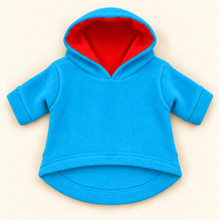 Sky dog fleece hoodie laid flat, front view, hood open showing the red lining