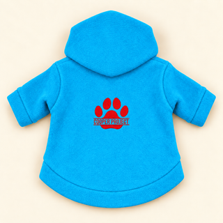 Sky dog fleece hoodie laid flat, back view, embroidered Cooper Project paw
