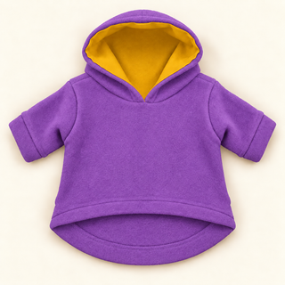 Violet dog fleece hoodie laid flat, front view, hood open showing the amber lining