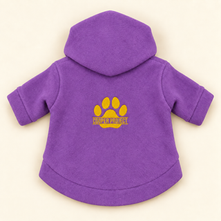 Violet dog fleece hoodie laid flat, back view, embroidered Cooper Project paw