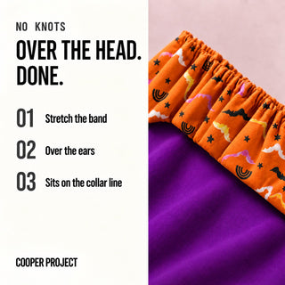 How the Flying Ghosts Dog Bandana goes on: over the head, no knots