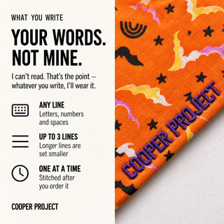 Flying Ghosts Dog Bandana: three lines of your own words, stitched